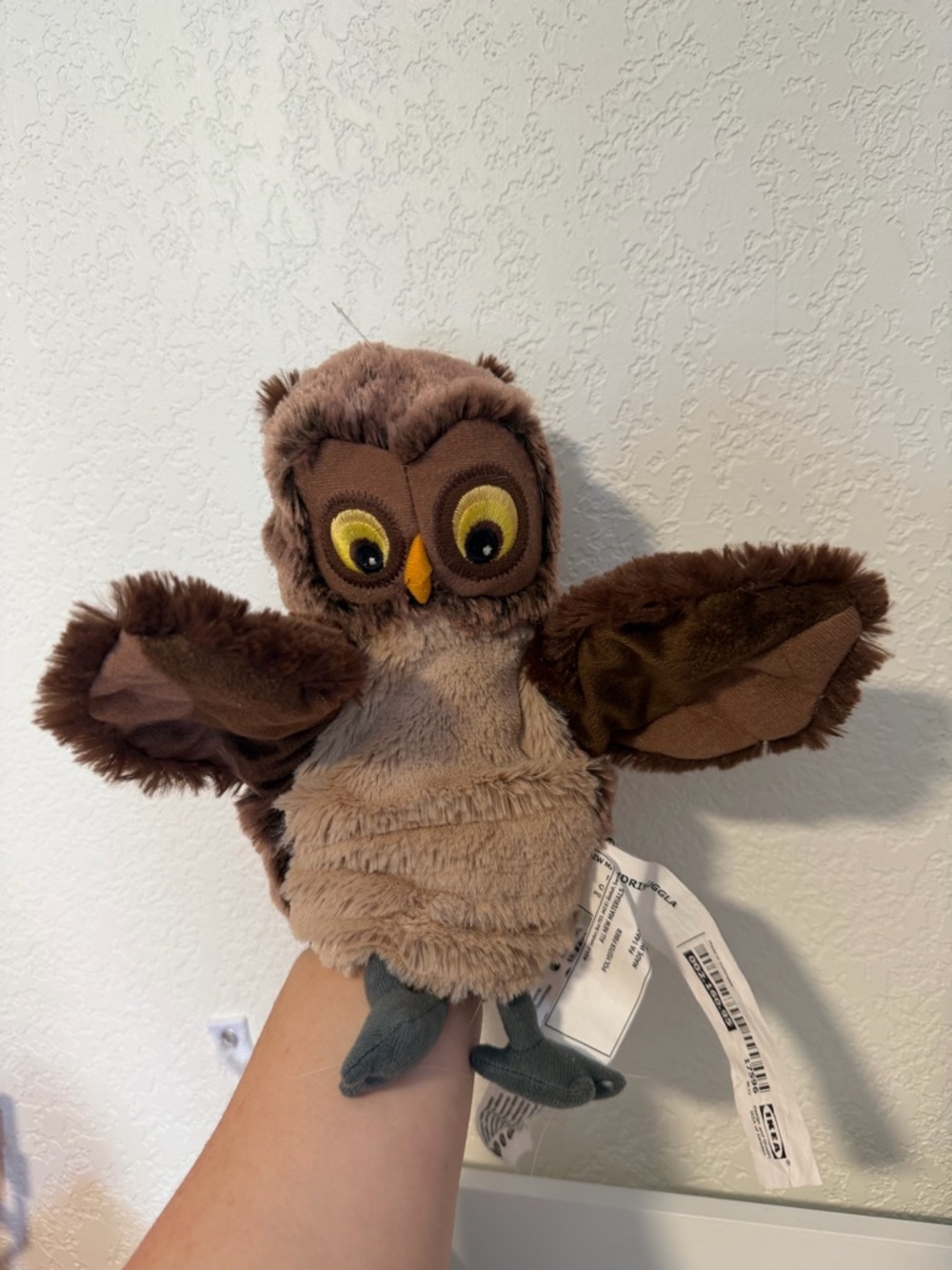 IKEA Vandring Uggla Owl Hand Puppet Brown Plush Stuffed Animal Soft Toy 9 Inch